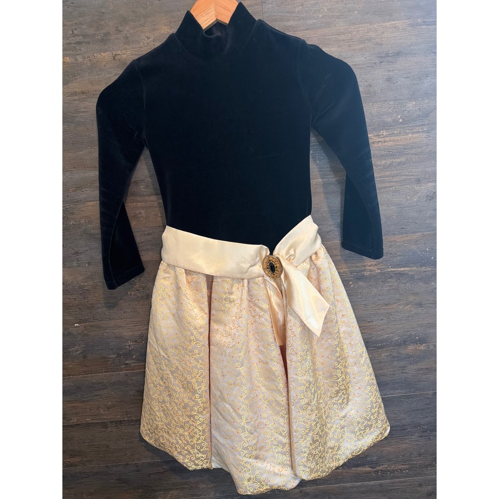 American Girl Girls Black Velvet Gold Scroll Holiday Party Dress Size 6 630107
